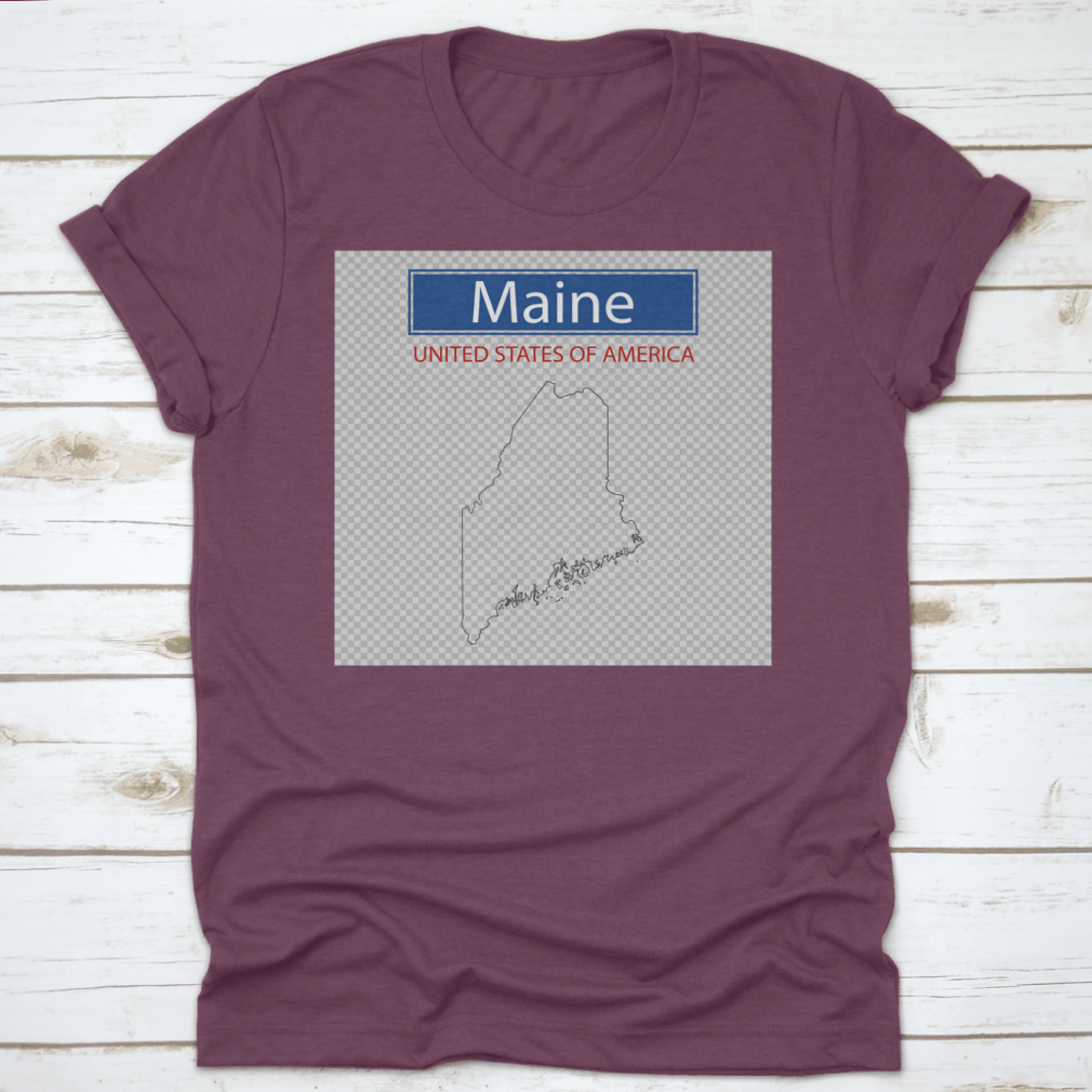 A comfortable t-shirt featuring an outline map of the state of Maine, showcasing its unique shape and geographical features.
